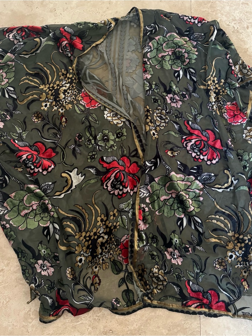Free People Olive Sheer Floral Kimono with Red Accents